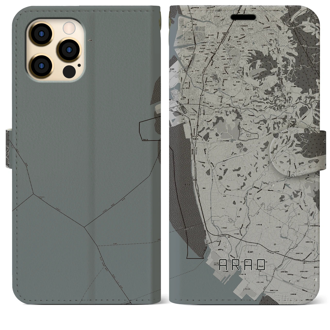 【荒尾(熊本県)】地図柄iPhoneケース(手帳タイプ)モノトーン・iPhone 12 Pro Max 用
