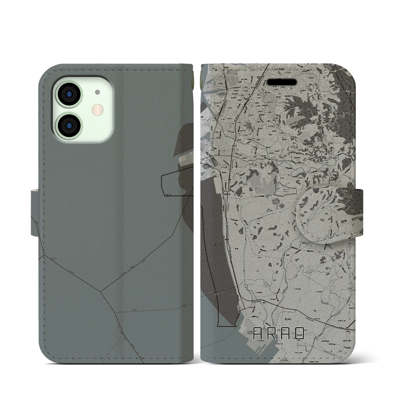 【荒尾(熊本県)】地図柄iPhoneケース(手帳タイプ)モノトーン・iPhone 12 mini 用
