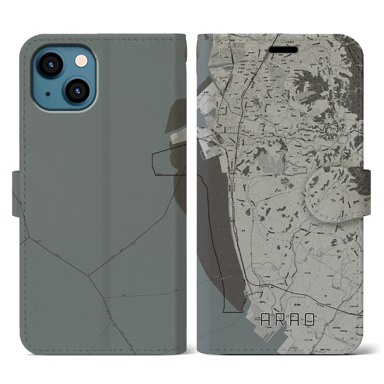 【荒尾(熊本県)】地図柄iPhoneケース(手帳タイプ)モノトーン・iPhone 13 用