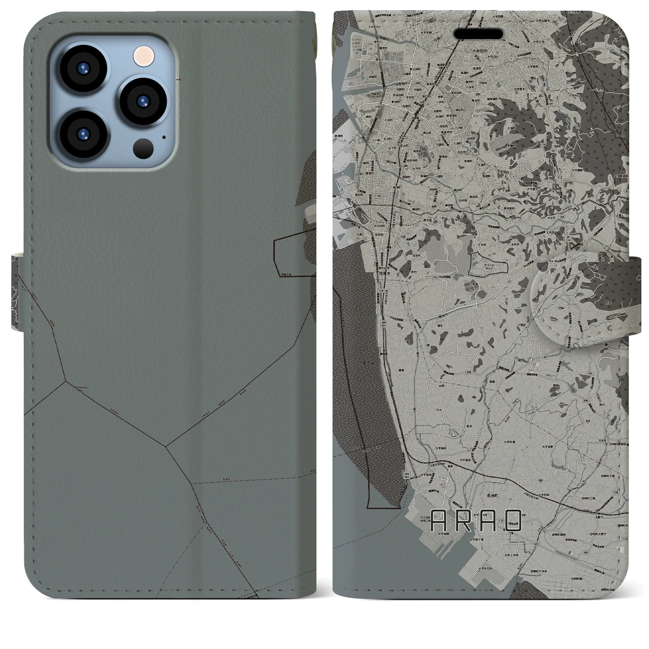 【荒尾(熊本県)】地図柄iPhoneケース(手帳タイプ)モノトーン・iPhone 13 Pro Max 用