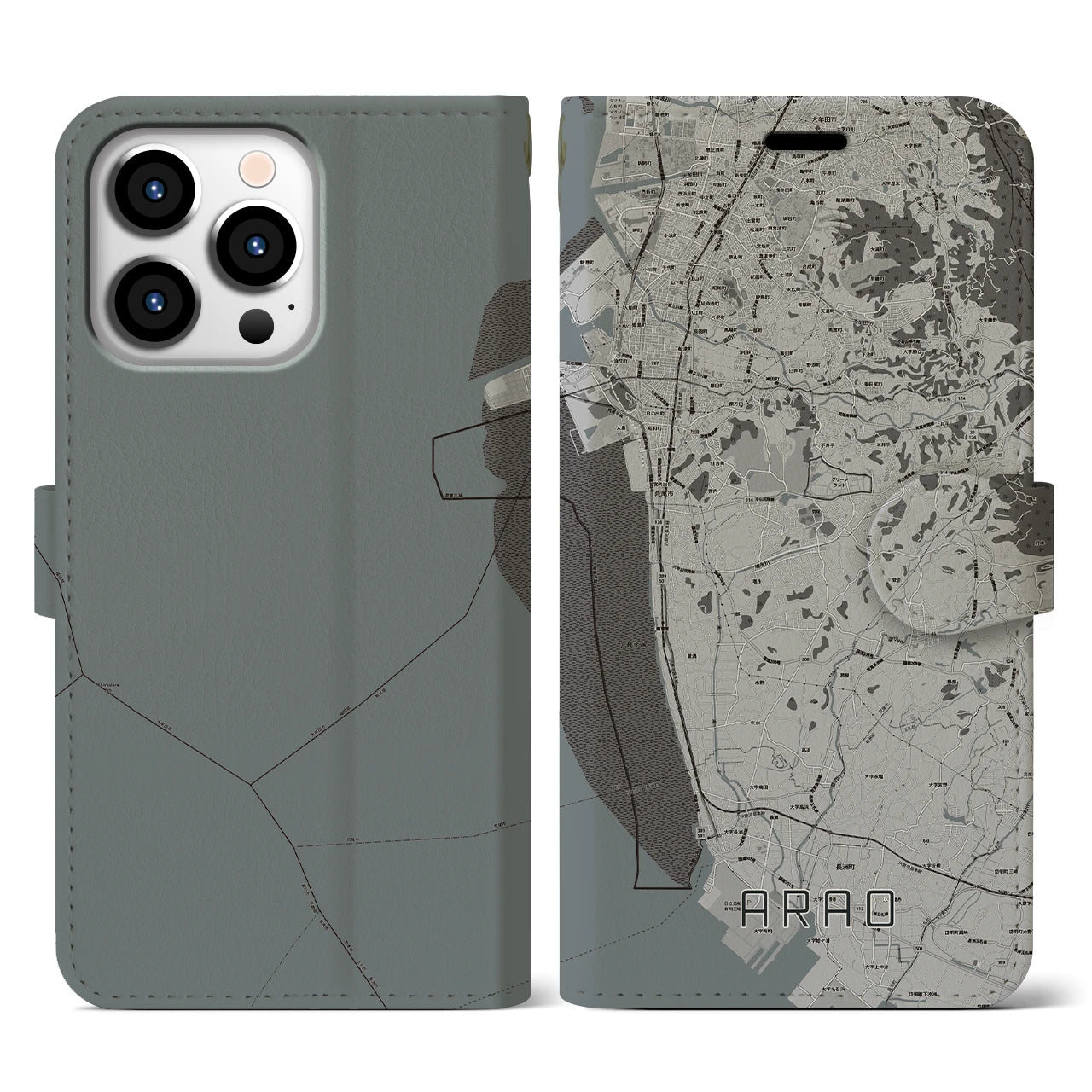 【荒尾(熊本県)】地図柄iPhoneケース(手帳タイプ)モノトーン・iPhone 13 Pro 用