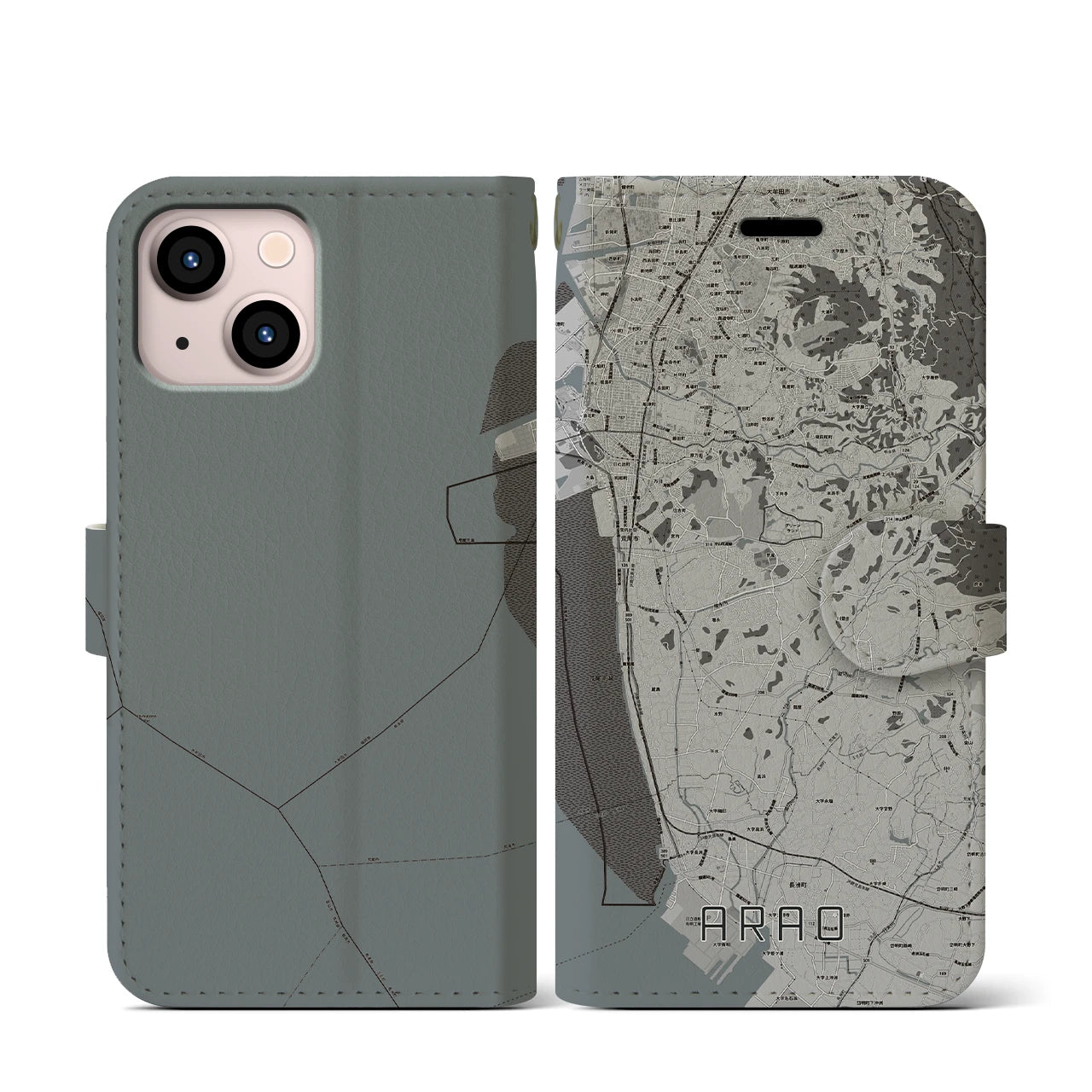 【荒尾(熊本県)】地図柄iPhoneケース(手帳タイプ)モノトーン・iPhone 13 mini 用