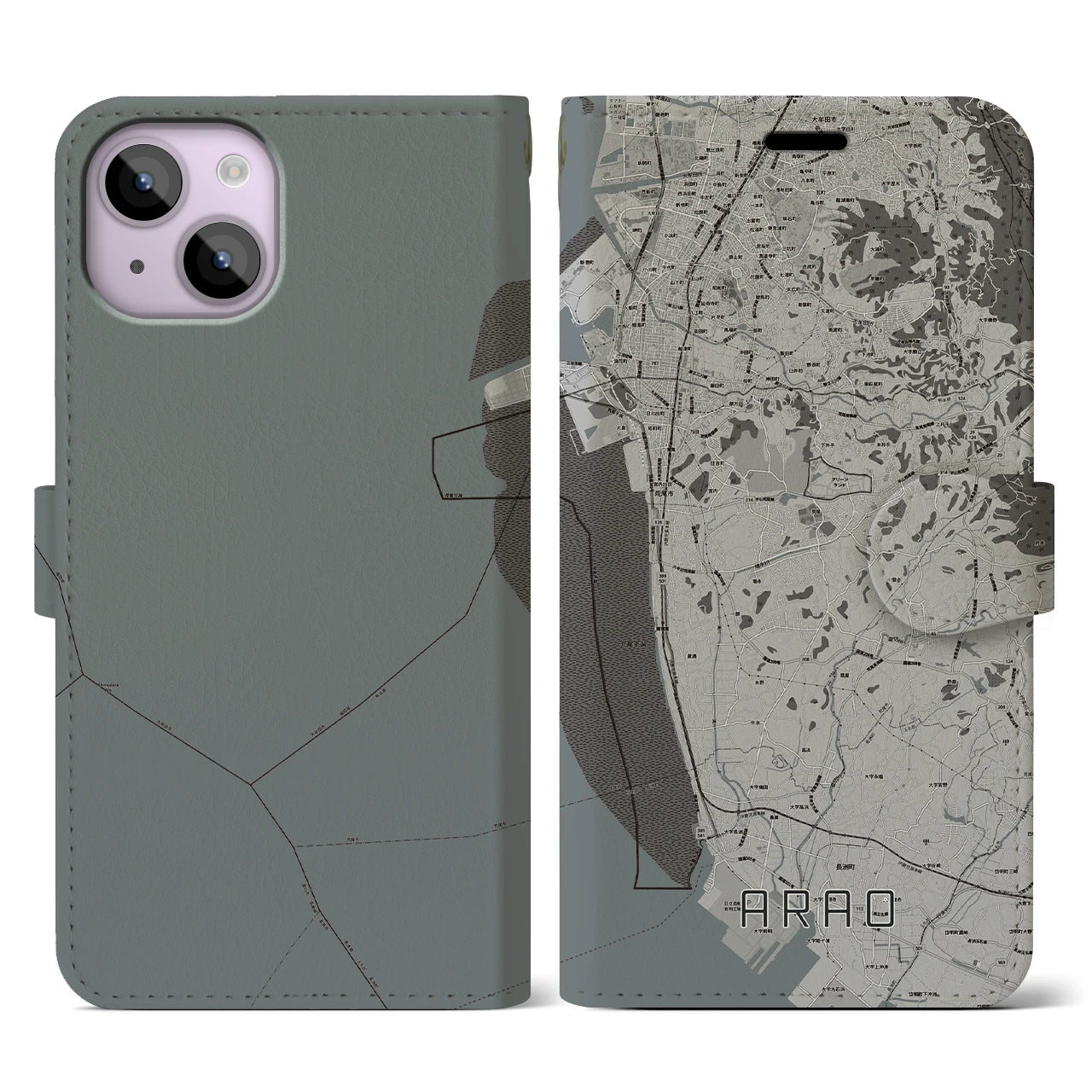 【荒尾(熊本県)】地図柄iPhoneケース(手帳タイプ)モノトーン・iPhone 14 用