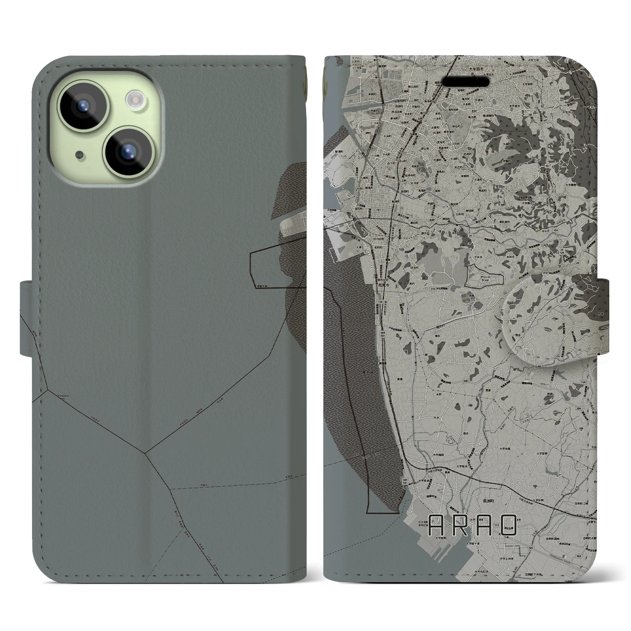 【荒尾(熊本県)】地図柄iPhoneケース(手帳タイプ)モノトーン・iPhone 15 用