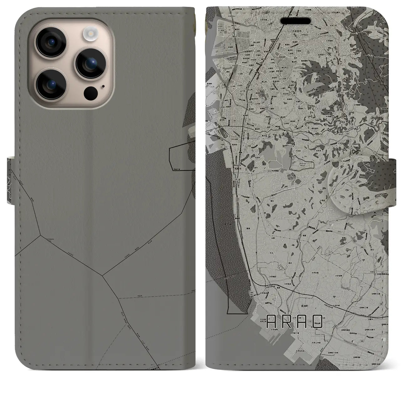 【荒尾(熊本県)】地図柄iPhoneケース(手帳タイプ)モノトーン・iPhone 16 Plus 用