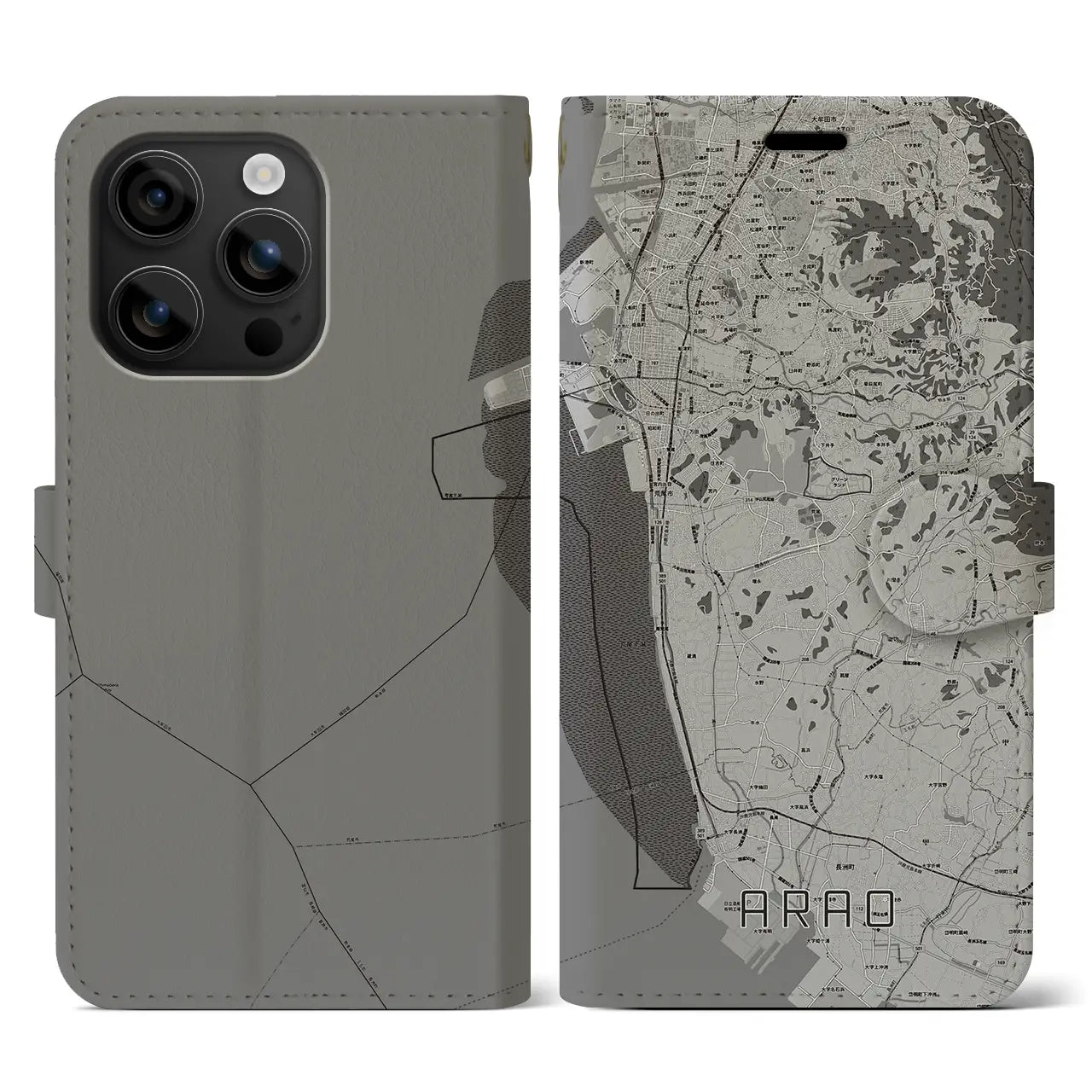 【荒尾(熊本県)】地図柄iPhoneケース(手帳タイプ)モノトーン・iPhone 16 用