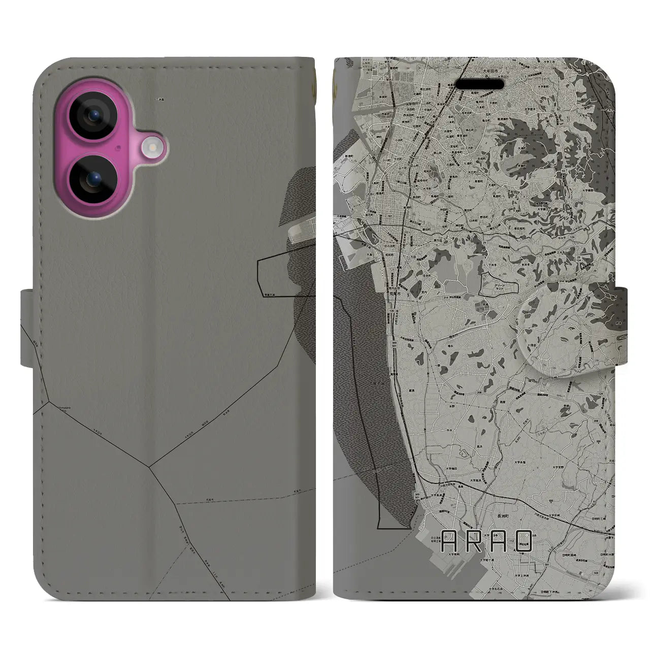 【荒尾(熊本県)】地図柄iPhoneケース(手帳タイプ)モノトーン・iPhone 16 Pro 用