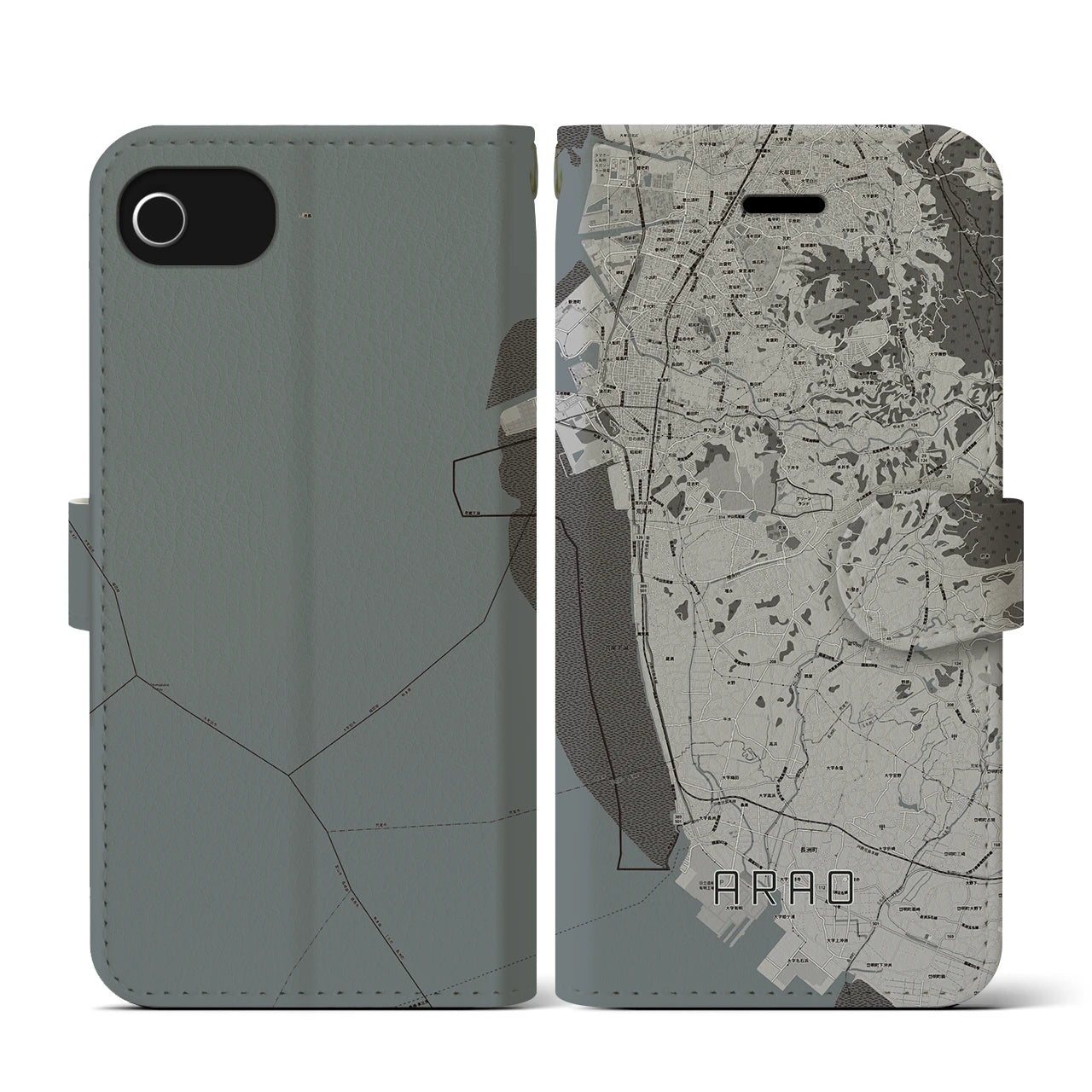 【荒尾(熊本県)】地図柄iPhoneケース(手帳タイプ)モノトーン・iPhone SE(第3 / 第2世代) / 8 / 7 / 6s / 6 用