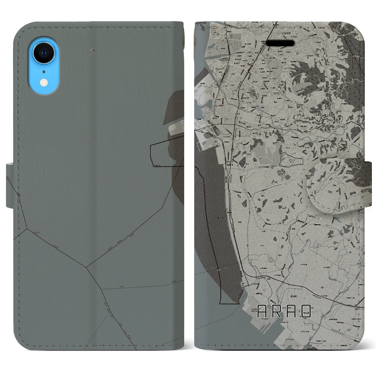 【荒尾(熊本県)】地図柄iPhoneケース(手帳タイプ)モノトーン・iPhone XR 用