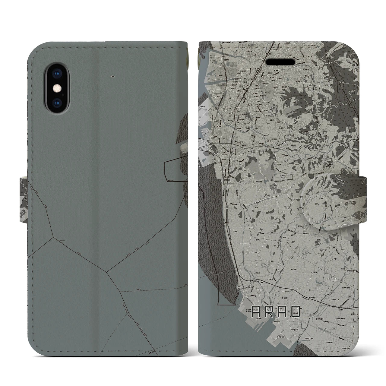 【荒尾(熊本県)】地図柄iPhoneケース(手帳タイプ)モノトーン・iPhone XS / X 用