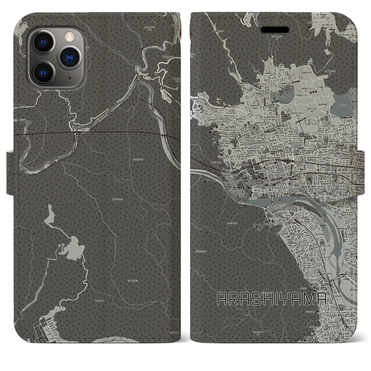 【嵐山(京都府)】地図柄iPhoneケース(手帳タイプ)モノトーン・iPhone 11 Pro Max 用