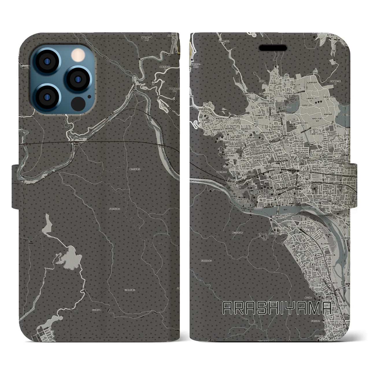 【嵐山(京都府)】地図柄iPhoneケース(手帳タイプ)モノトーン・iPhone 12 / 12 Pro 用