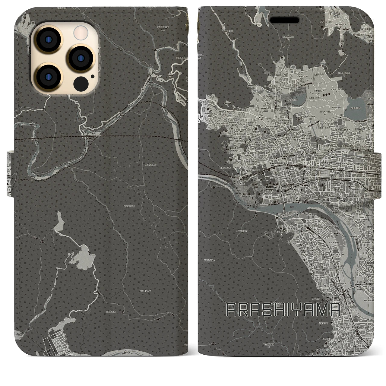 【嵐山(京都府)】地図柄iPhoneケース(手帳タイプ)モノトーン・iPhone 12 Pro Max 用