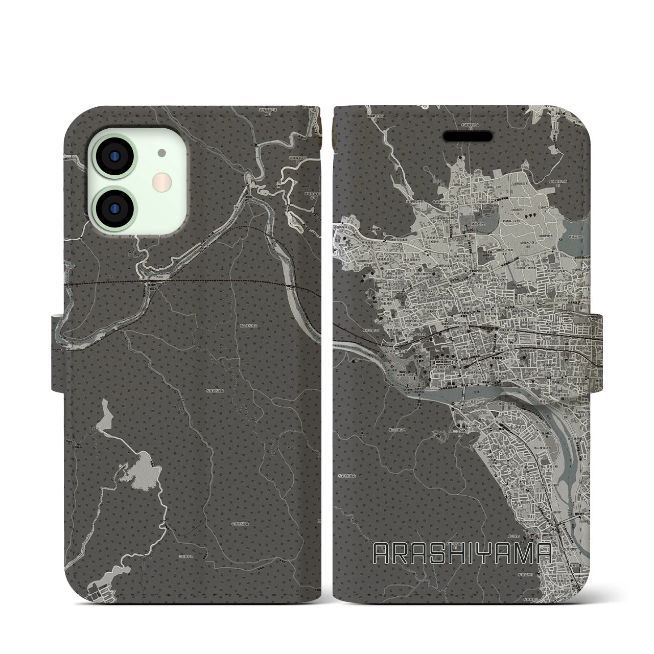 【嵐山(京都府)】地図柄iPhoneケース(手帳タイプ)モノトーン・iPhone 12 mini 用