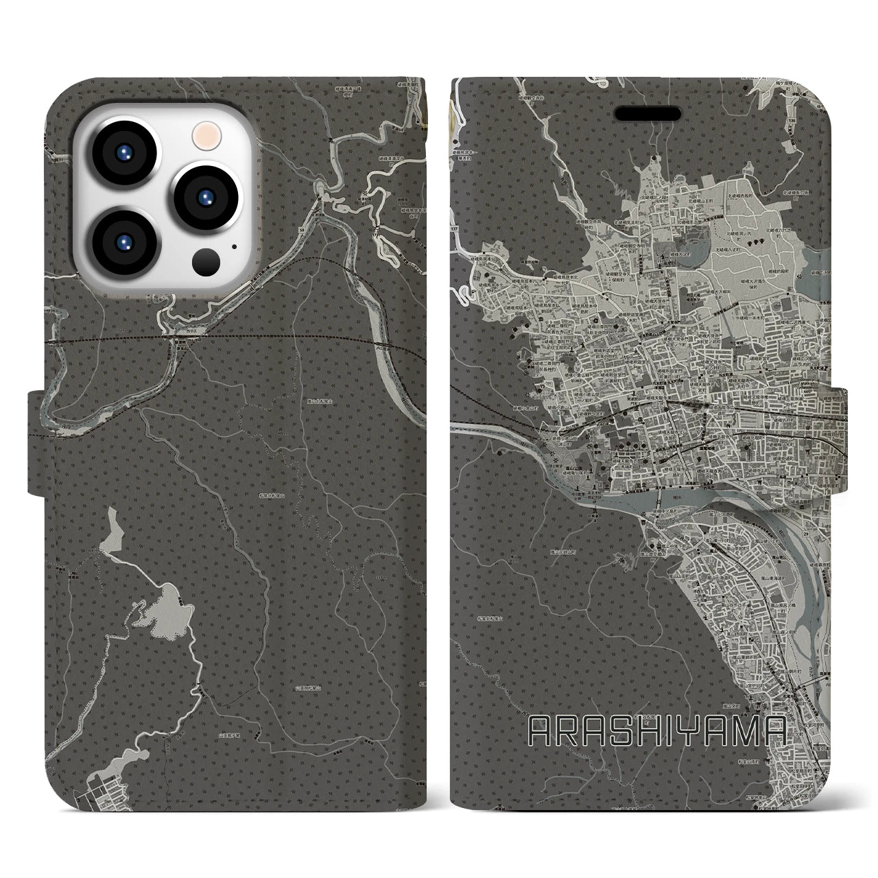 【嵐山(京都府)】地図柄iPhoneケース(手帳タイプ)モノトーン・iPhone 13 Pro 用