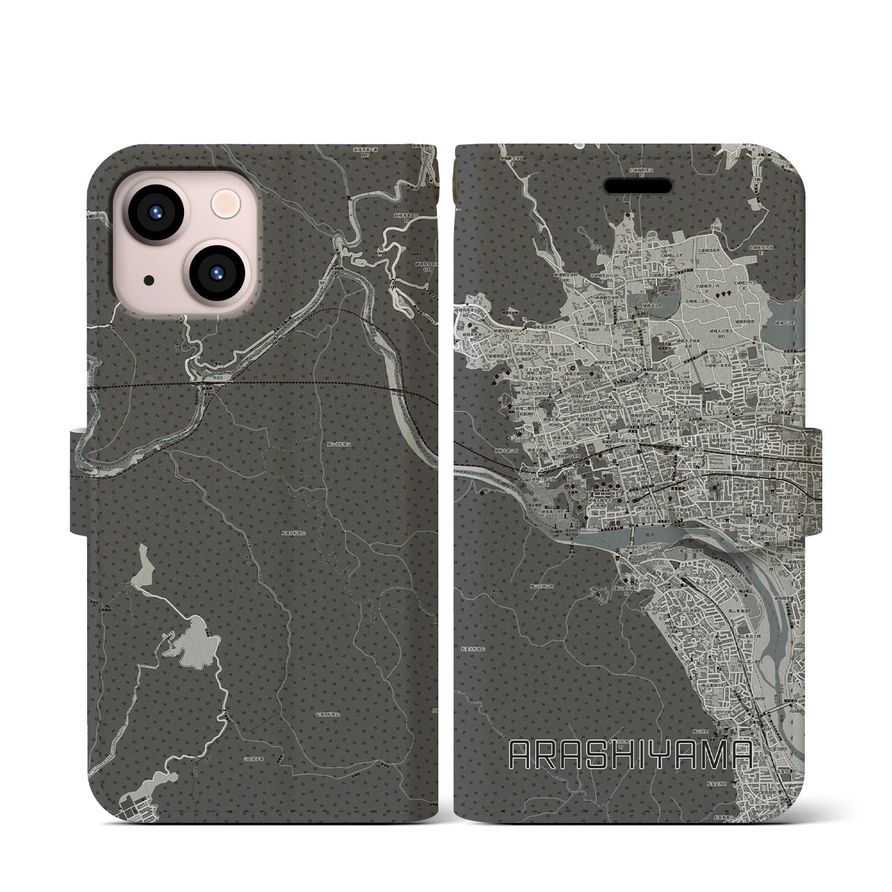【嵐山(京都府)】地図柄iPhoneケース(手帳タイプ)モノトーン・iPhone 13 mini 用