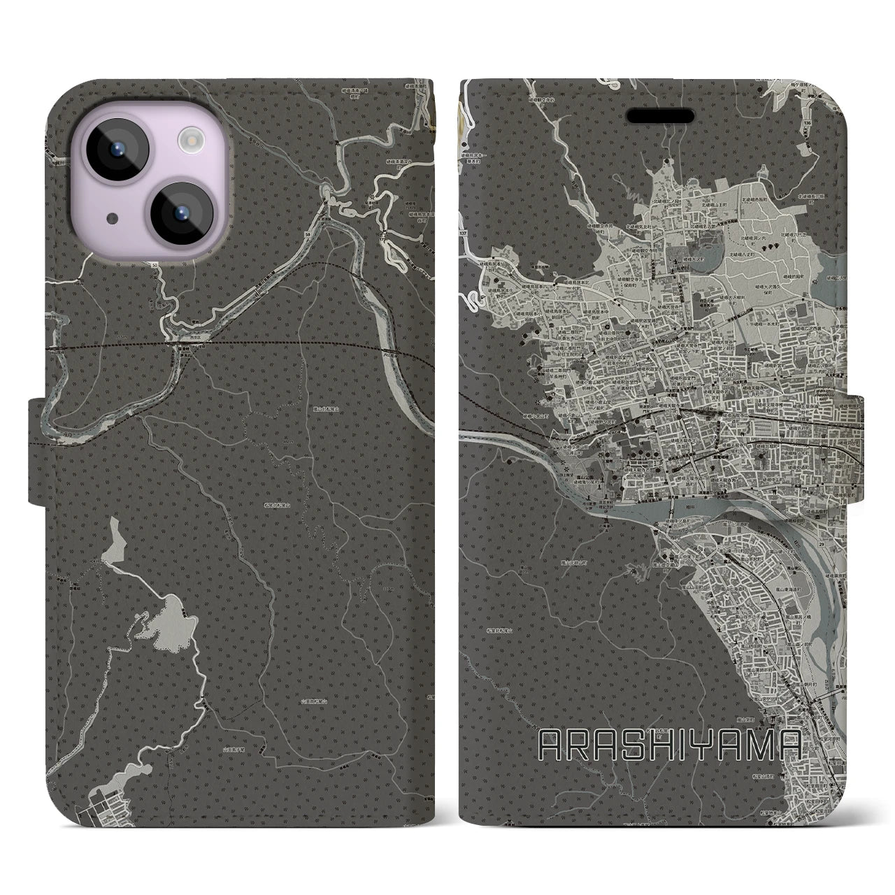 【嵐山(京都府)】地図柄iPhoneケース(手帳タイプ)モノトーン・iPhone 14 用