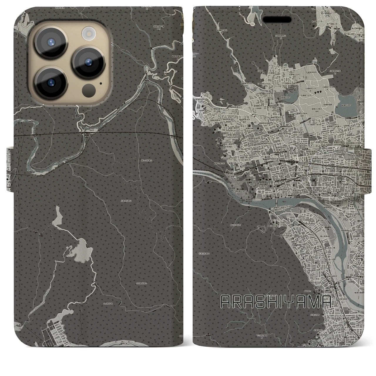 【嵐山(京都府)】地図柄iPhoneケース(手帳タイプ)モノトーン・iPhone 14 Pro Max 用