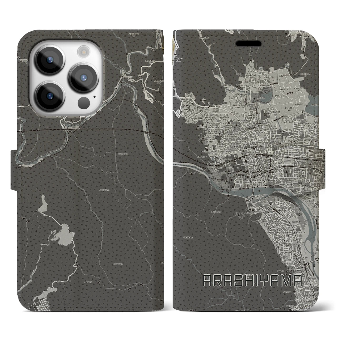 【嵐山(京都府)】地図柄iPhoneケース(手帳タイプ)モノトーン・iPhone 14 Pro 用