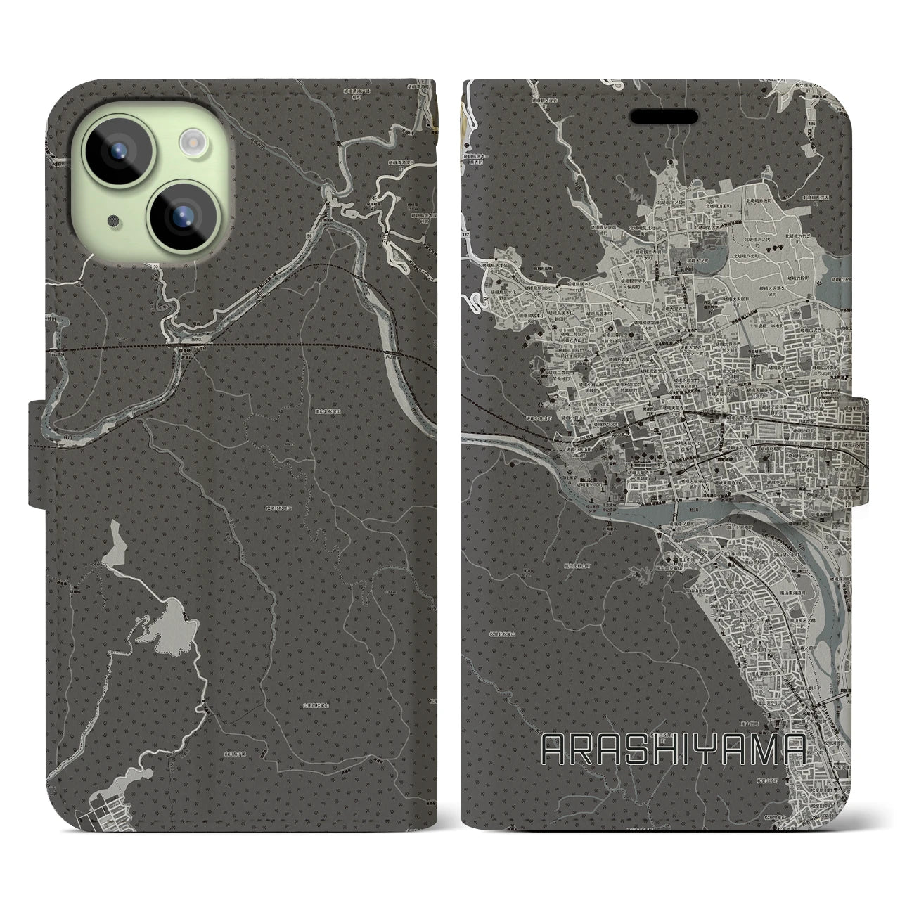 【嵐山(京都府)】地図柄iPhoneケース(手帳タイプ)モノトーン・iPhone 15 用