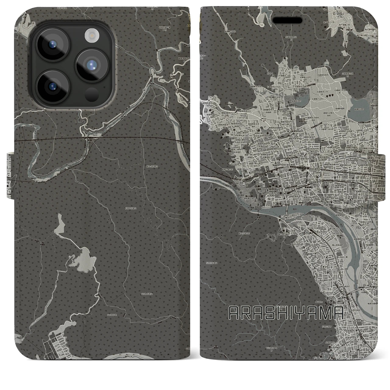 【嵐山(京都府)】地図柄iPhoneケース(手帳タイプ)モノトーン・iPhone 15 Pro Max 用