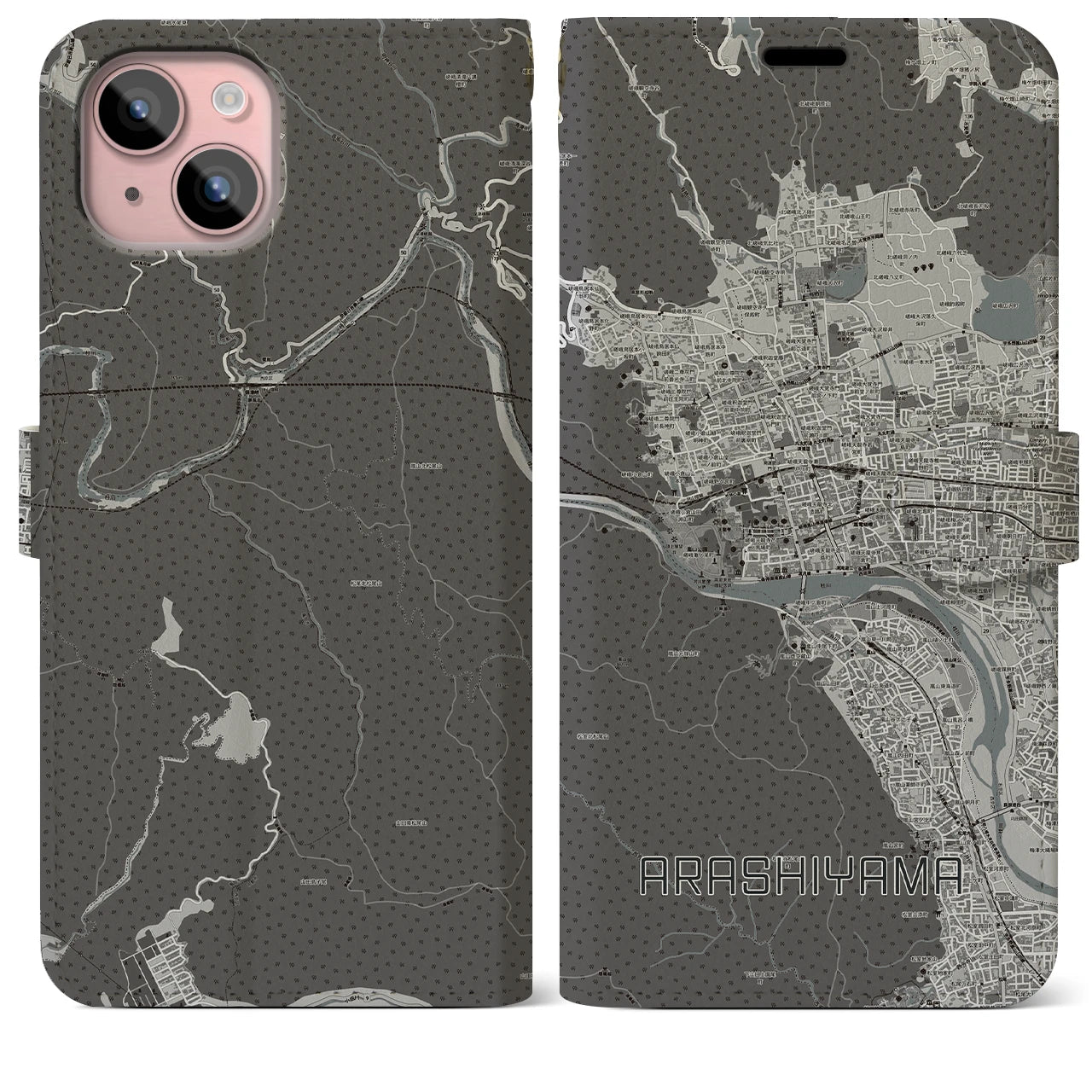 【嵐山(京都府)】地図柄iPhoneケース(手帳タイプ)モノトーン・iPhone 15 Plus 用