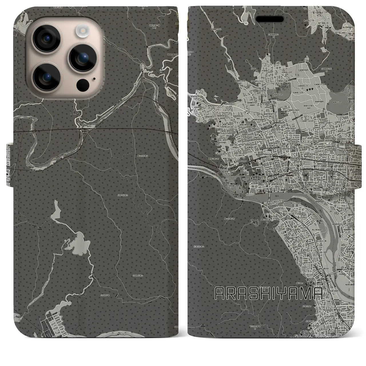 【嵐山(京都府)】地図柄iPhoneケース(手帳タイプ)モノトーン・iPhone 16 Plus 用