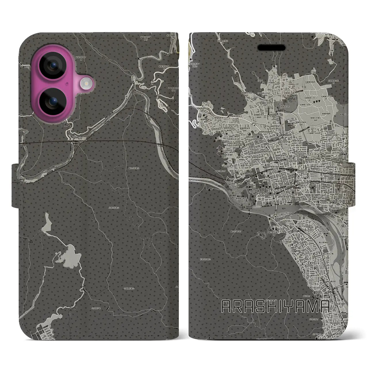 【嵐山(京都府)】地図柄iPhoneケース(手帳タイプ)モノトーン・iPhone 16 Pro 用