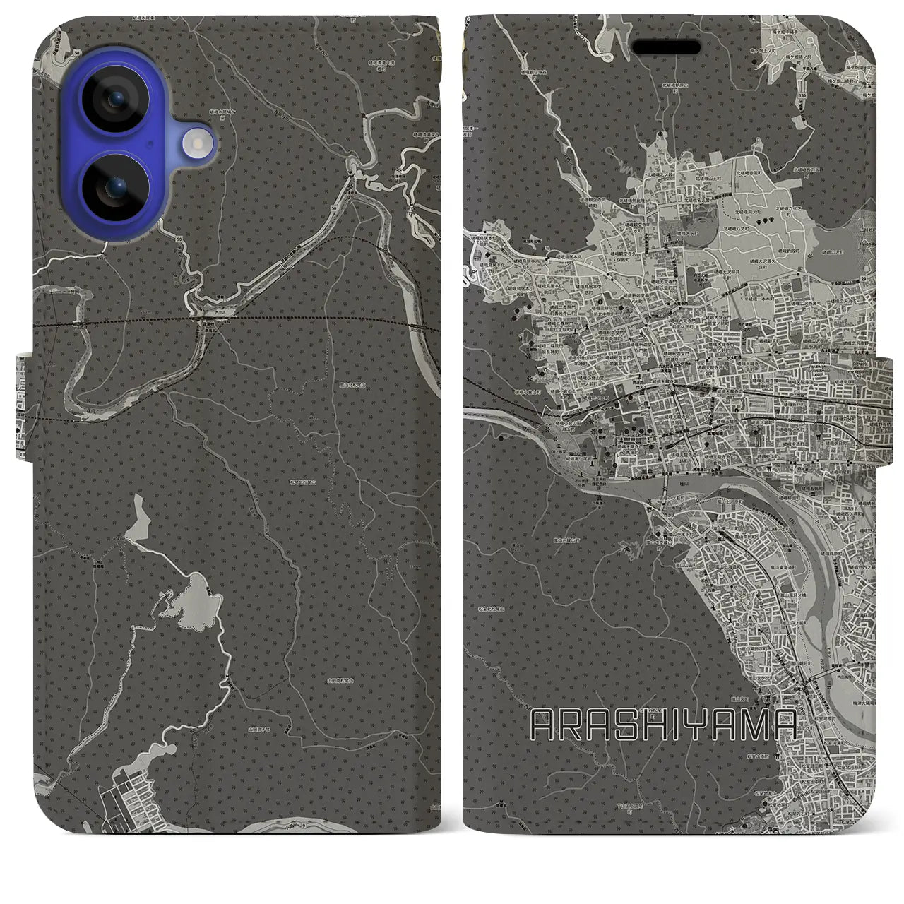 【嵐山(京都府)】地図柄iPhoneケース(手帳タイプ)モノトーン・iPhone 16 Pro Max 用