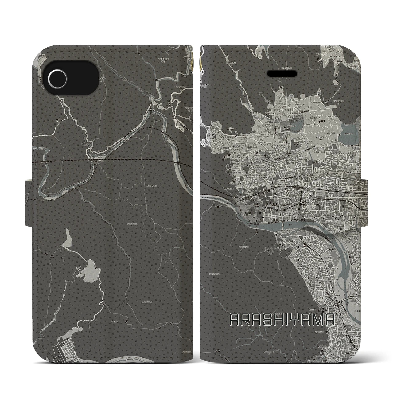 【嵐山(京都府)】地図柄iPhoneケース(手帳タイプ)モノトーン・iPhone SE(第3 / 第2世代) / 8 / 7 / 6s / 6 用