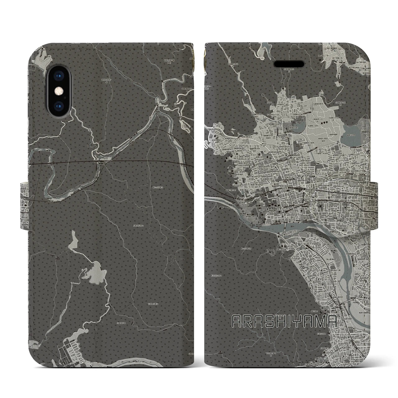 【嵐山(京都府)】地図柄iPhoneケース(手帳タイプ)モノトーン・iPhone XS / X 用