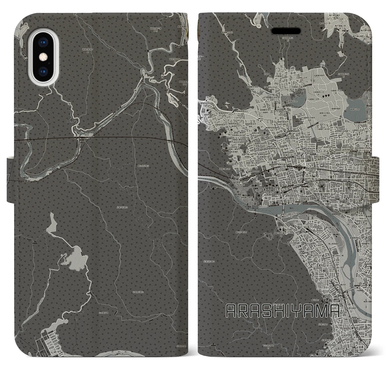 【嵐山(京都府)】地図柄iPhoneケース(手帳タイプ)モノトーン・iPhone XS Max 用