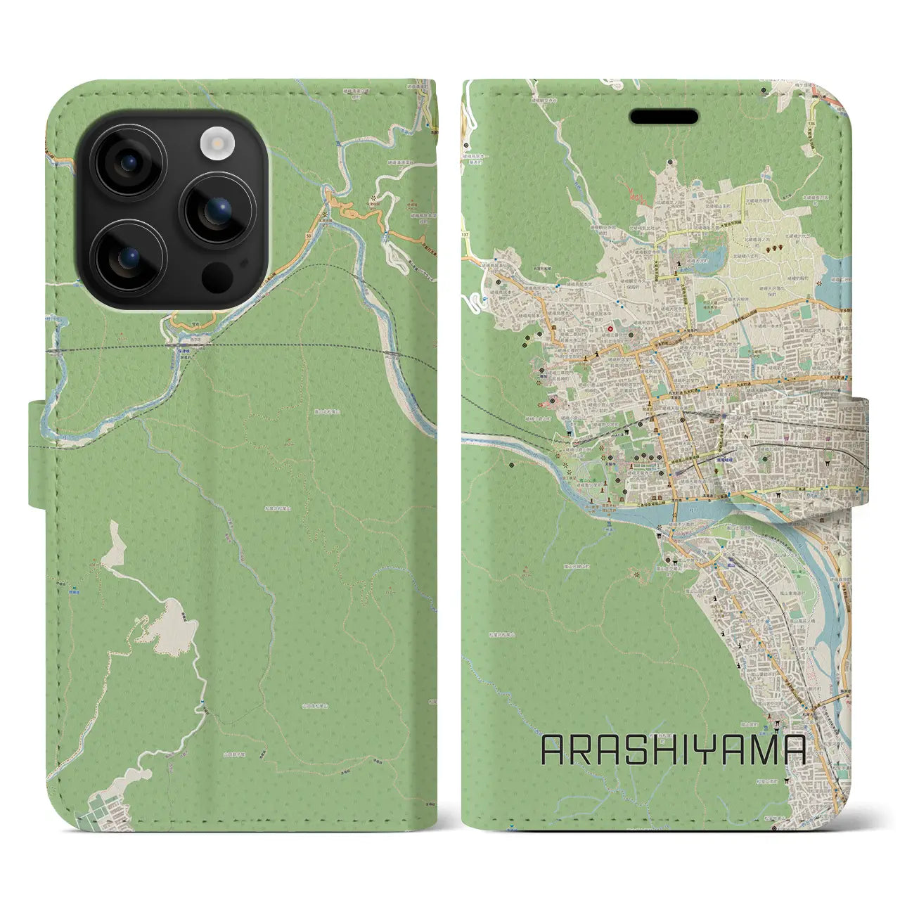 【嵐山(京都府)】地図柄iPhoneケース(手帳タイプ)ナチュラル・iPhone 16 用