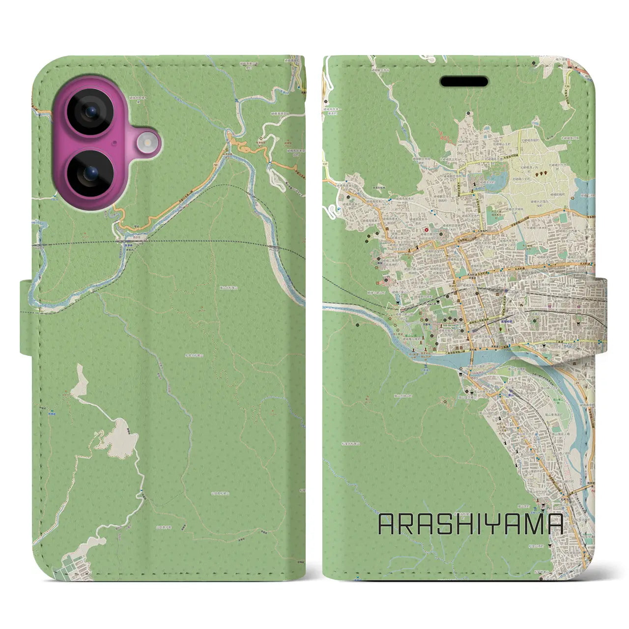 【嵐山(京都府)】地図柄iPhoneケース(手帳タイプ)ナチュラル・iPhone 16 Pro 用