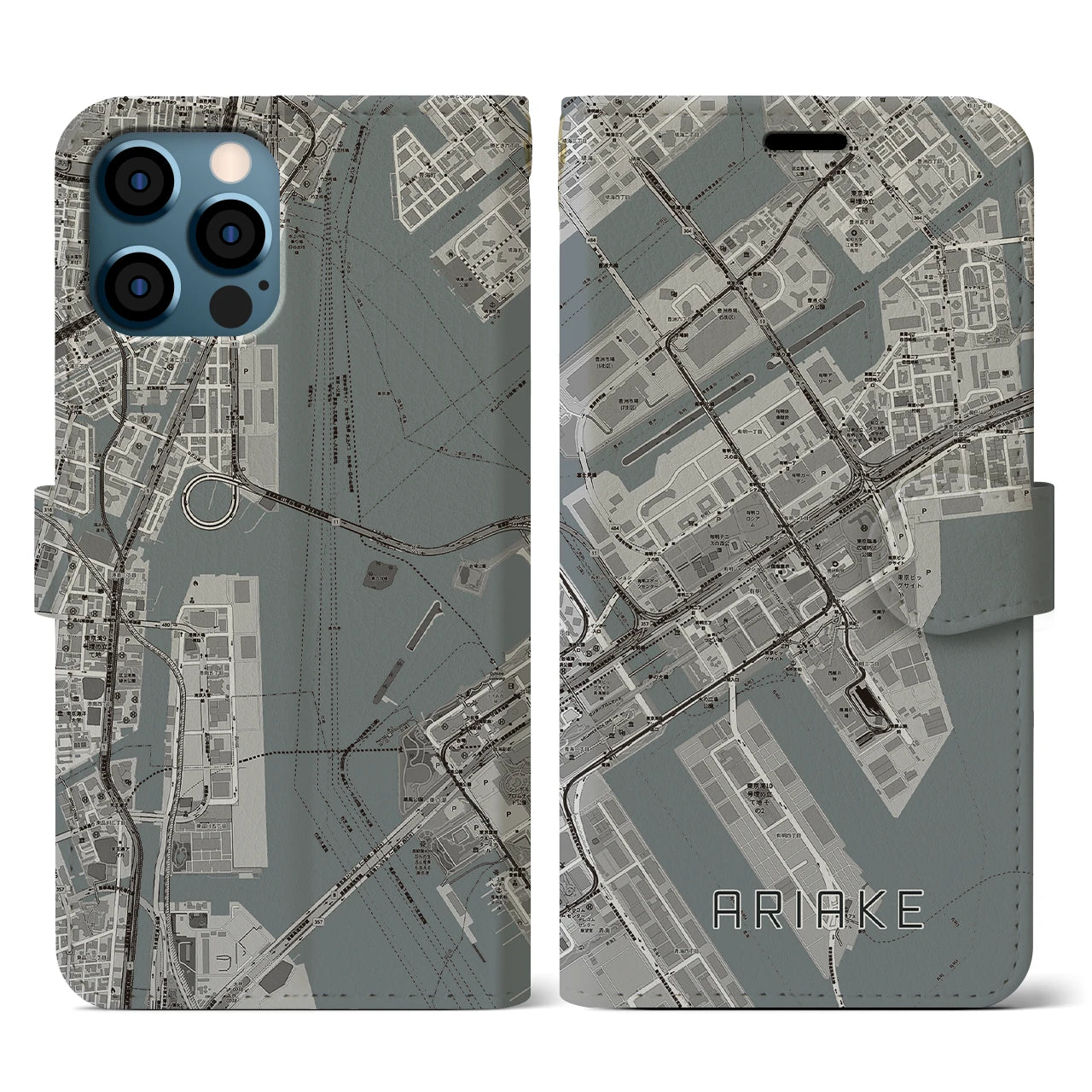 【有明(東京都)】地図柄iPhoneケース(手帳タイプ)モノトーン・iPhone 12 / 12 Pro 用