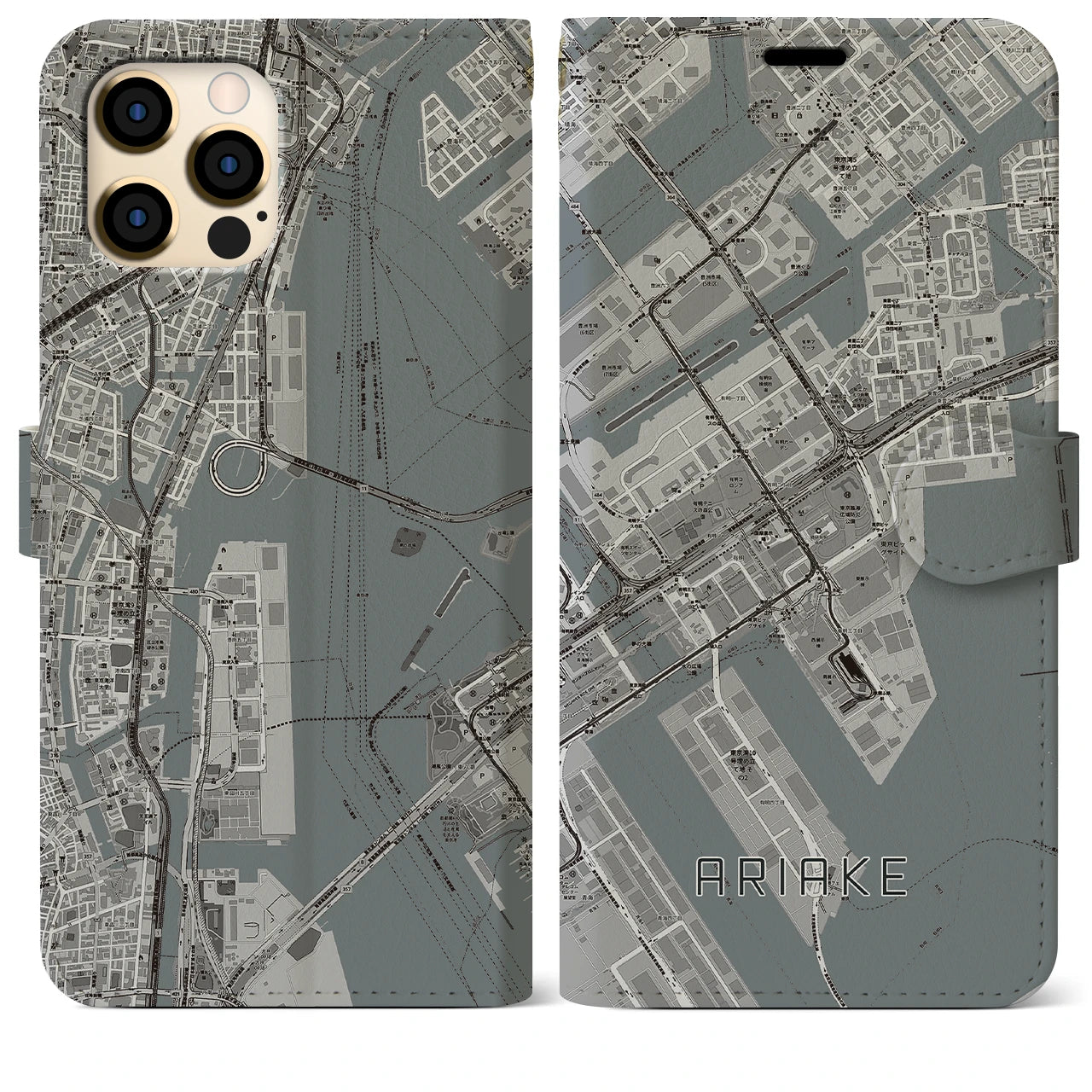 【有明(東京都)】地図柄iPhoneケース(手帳タイプ)モノトーン・iPhone 12 Pro Max 用
