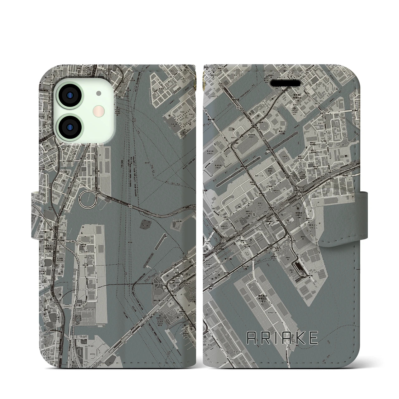 【有明(東京都)】地図柄iPhoneケース(手帳タイプ)モノトーン・iPhone 12 mini 用