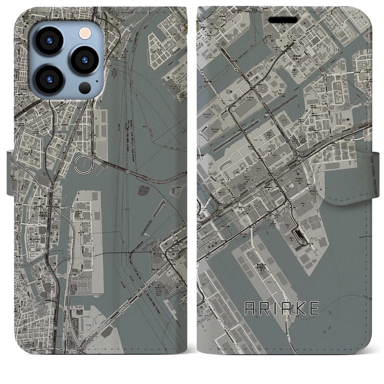 【有明(東京都)】地図柄iPhoneケース(手帳タイプ)モノトーン・iPhone 13 Pro Max 用