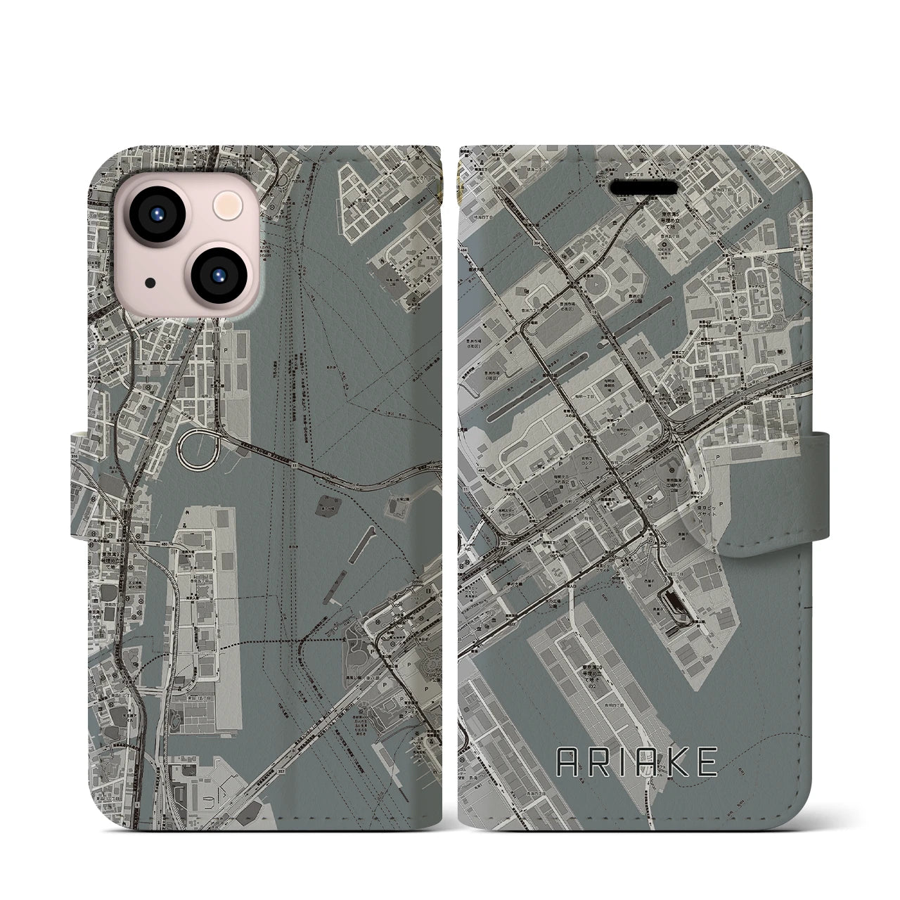 【有明(東京都)】地図柄iPhoneケース(手帳タイプ)モノトーン・iPhone 13 mini 用