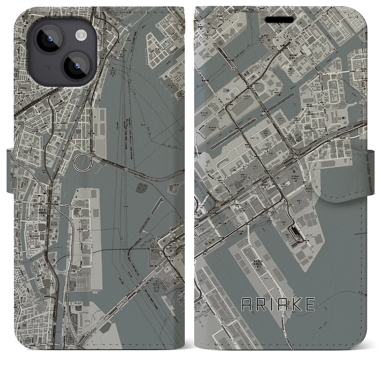 【有明(東京都)】地図柄iPhoneケース(手帳タイプ)モノトーン・iPhone 14 Plus 用