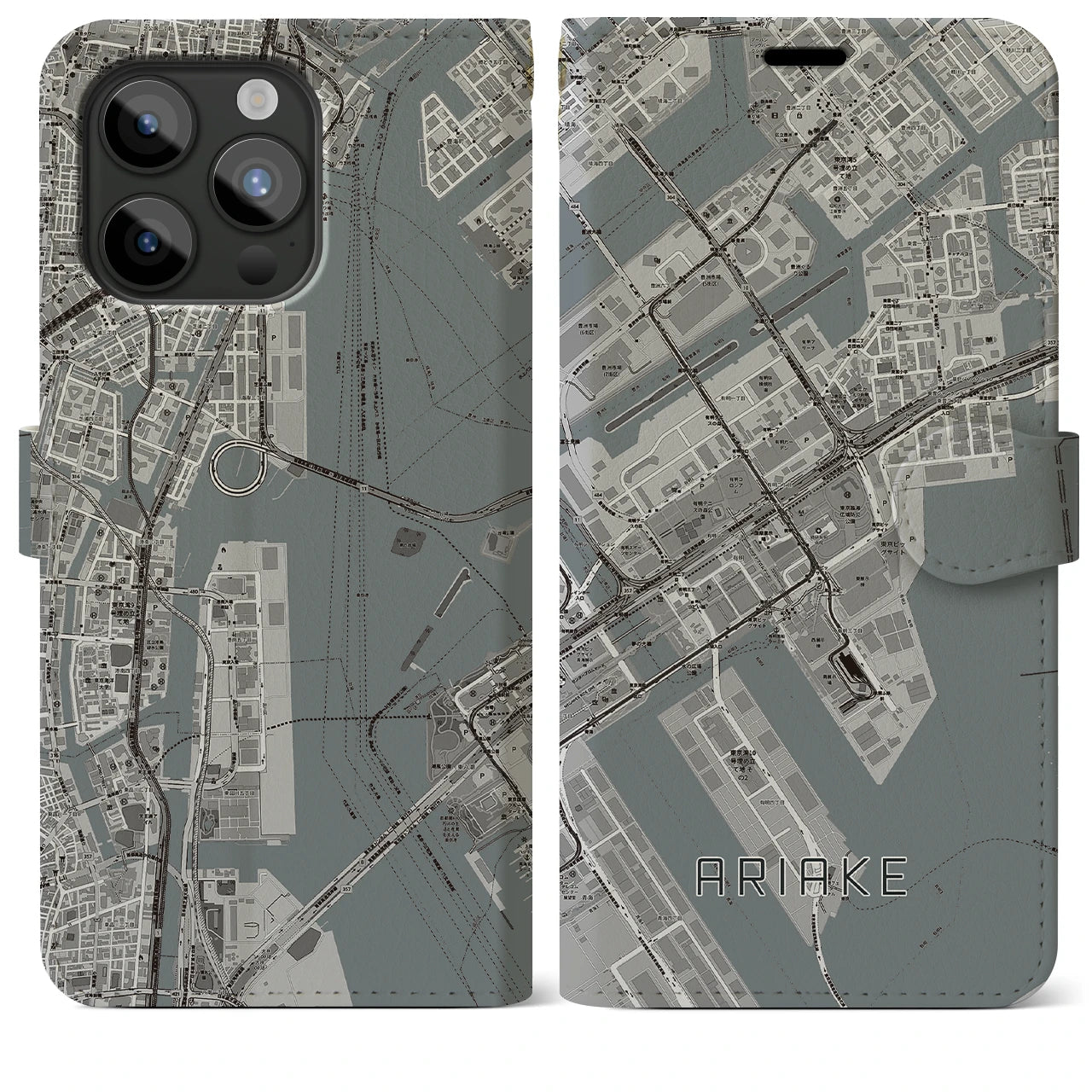 【有明(東京都)】地図柄iPhoneケース(手帳タイプ)モノトーン・iPhone 15 Pro Max 用