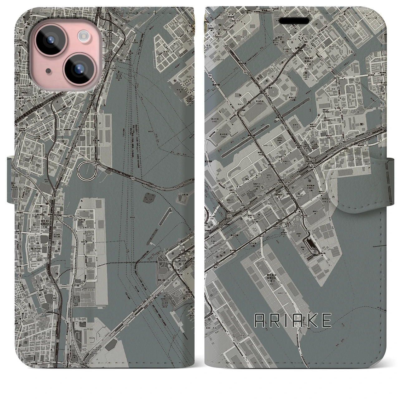 【有明(東京都)】地図柄iPhoneケース(手帳タイプ)モノトーン・iPhone 15 Plus 用