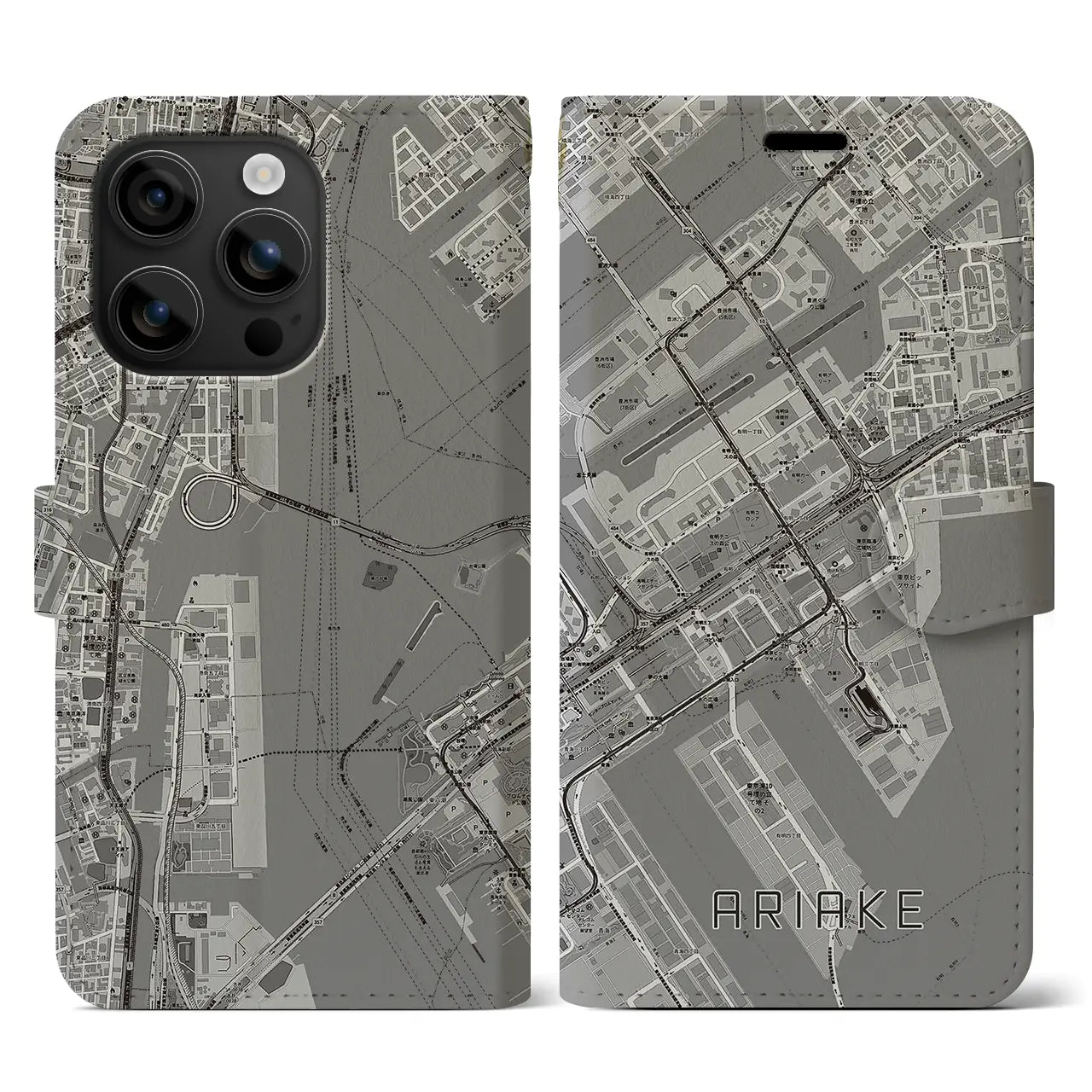 【有明(東京都)】地図柄iPhoneケース(手帳タイプ)モノトーン・iPhone 16 用