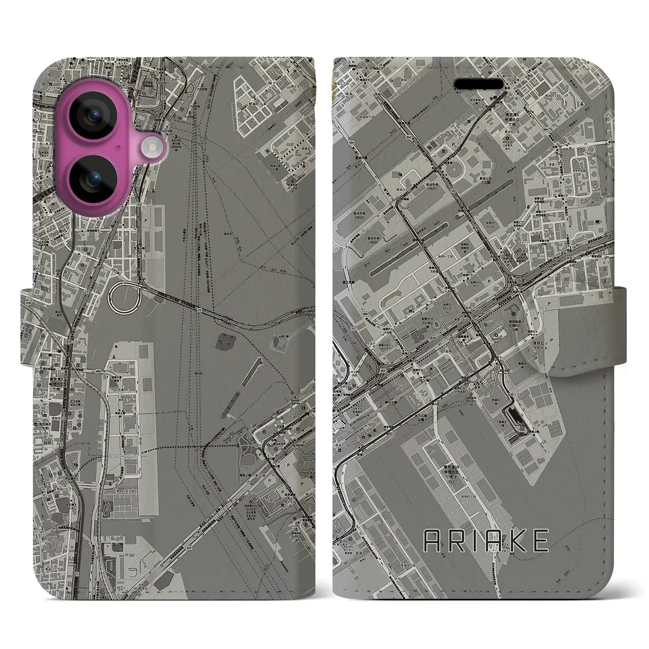 【有明(東京都)】地図柄iPhoneケース(手帳タイプ)モノトーン・iPhone 16 Pro 用