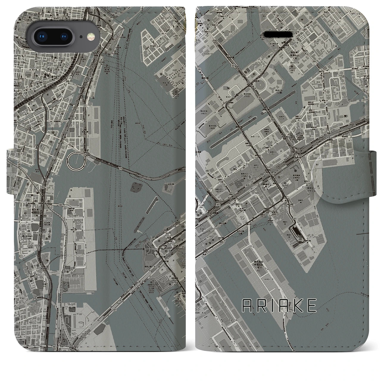 【有明(東京都)】地図柄iPhoneケース(手帳タイプ)モノトーン・iPhone 8Plus /7Plus / 6sPlus / 6Plus 用