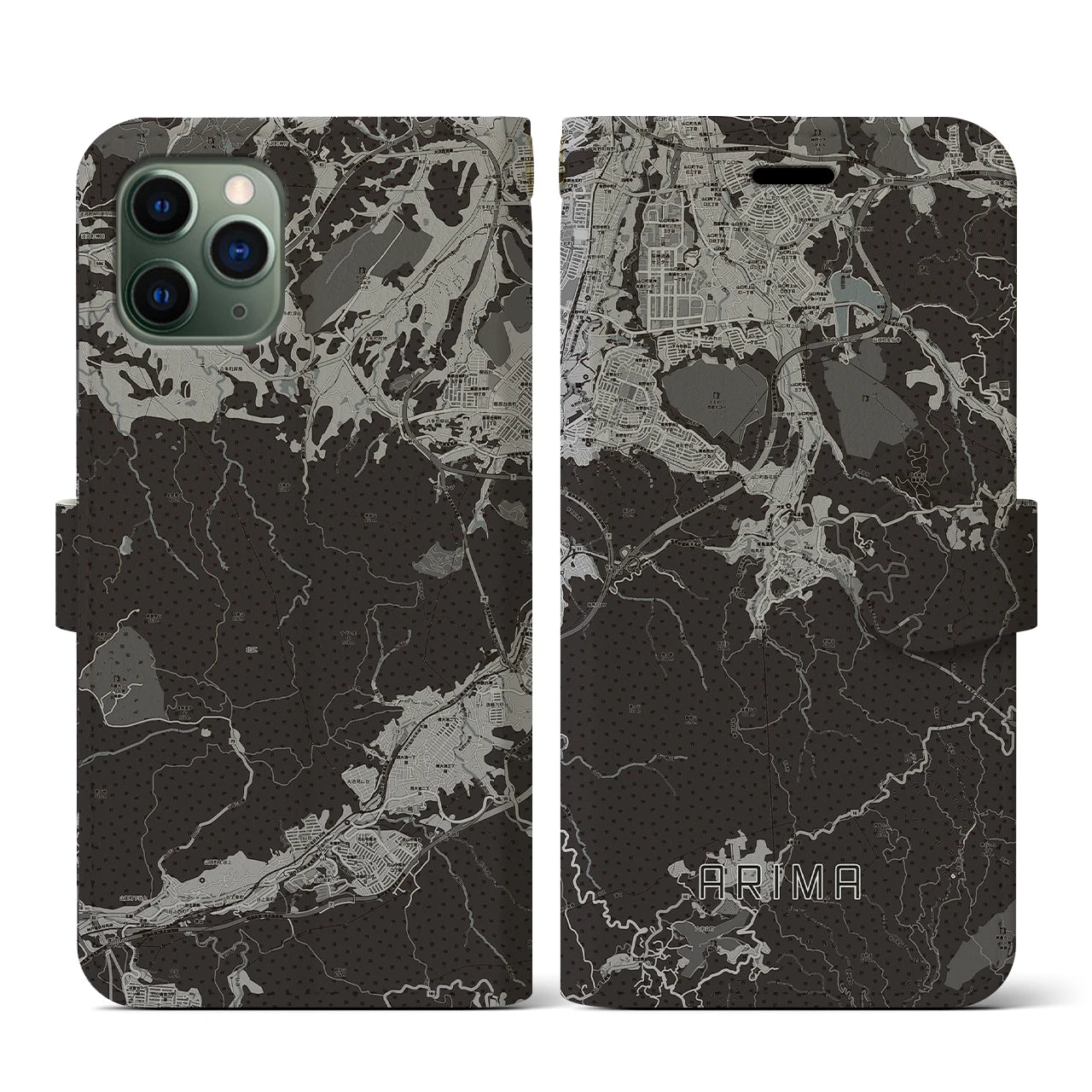 【有馬(兵庫県)】地図柄iPhoneケース(手帳タイプ)モノトーン・iPhone 11 Pro 用