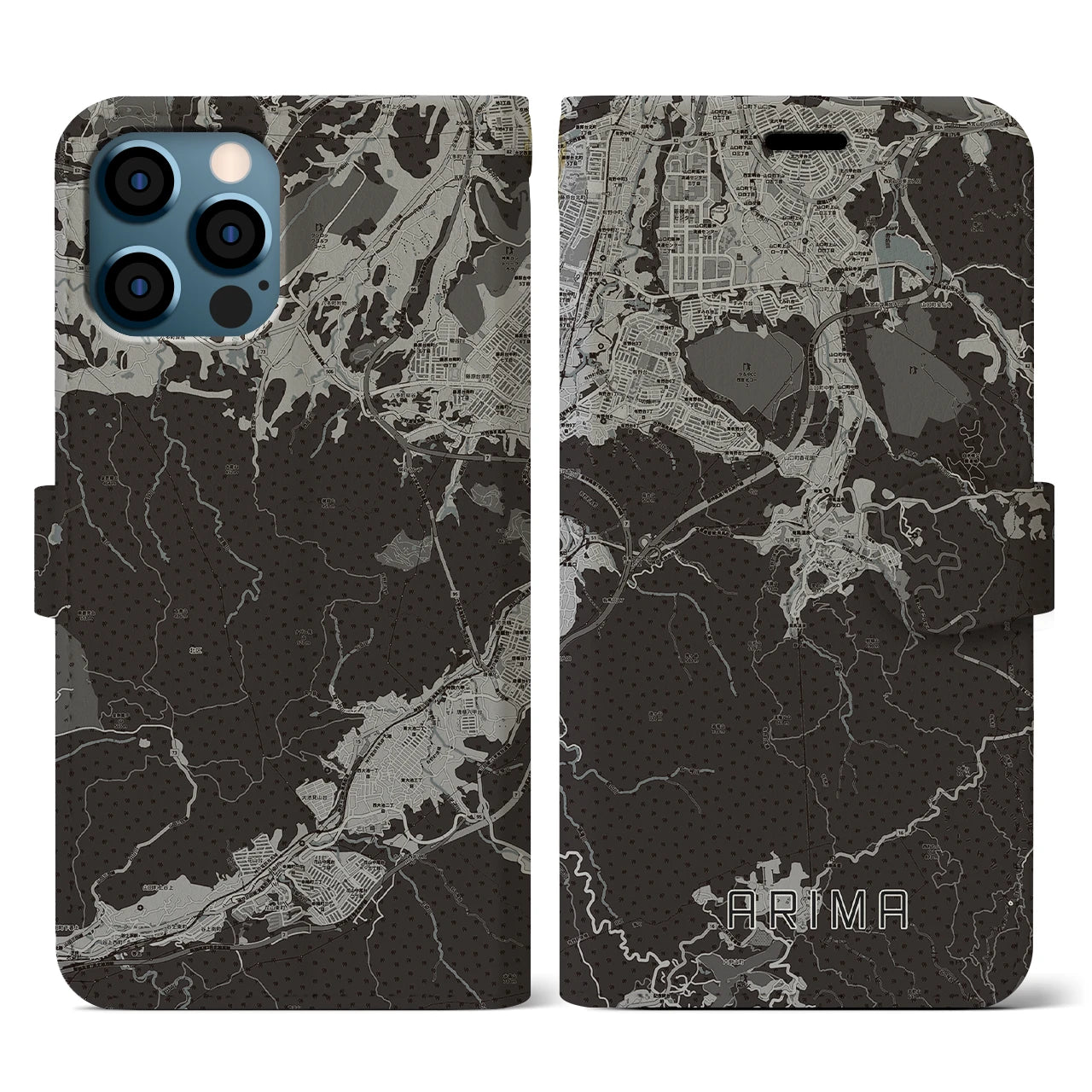 【有馬(兵庫県)】地図柄iPhoneケース(手帳タイプ)モノトーン・iPhone 12 / 12 Pro 用