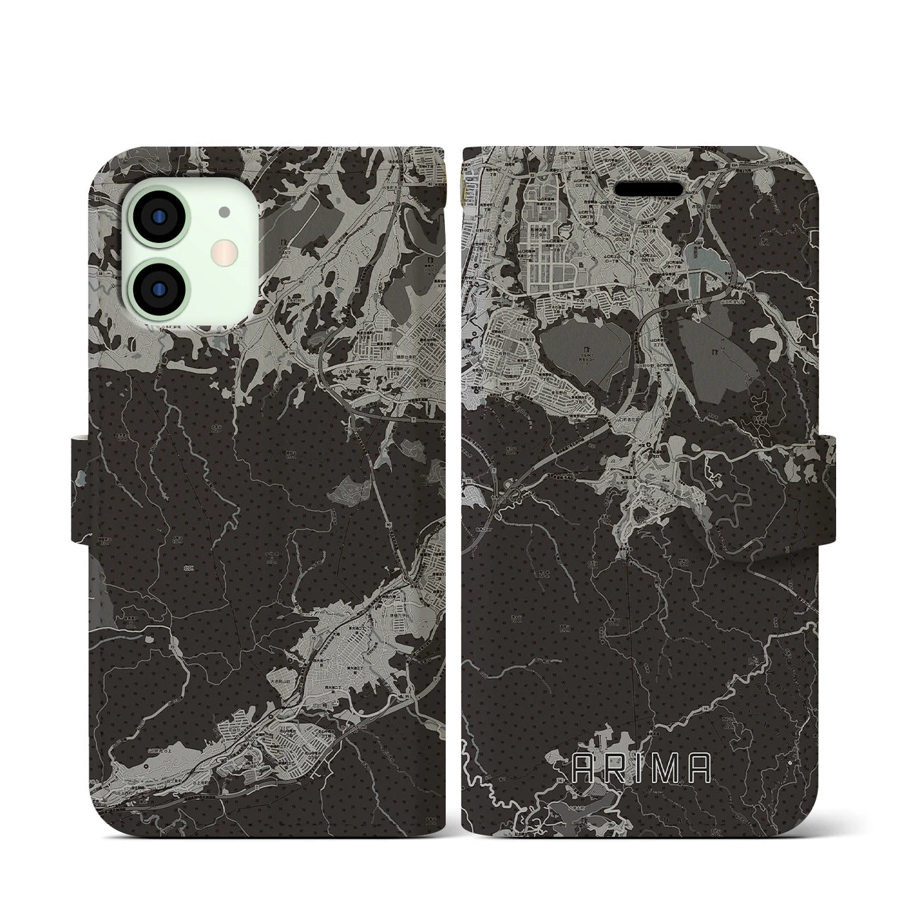 【有馬(兵庫県)】地図柄iPhoneケース(手帳タイプ)モノトーン・iPhone 12 mini 用