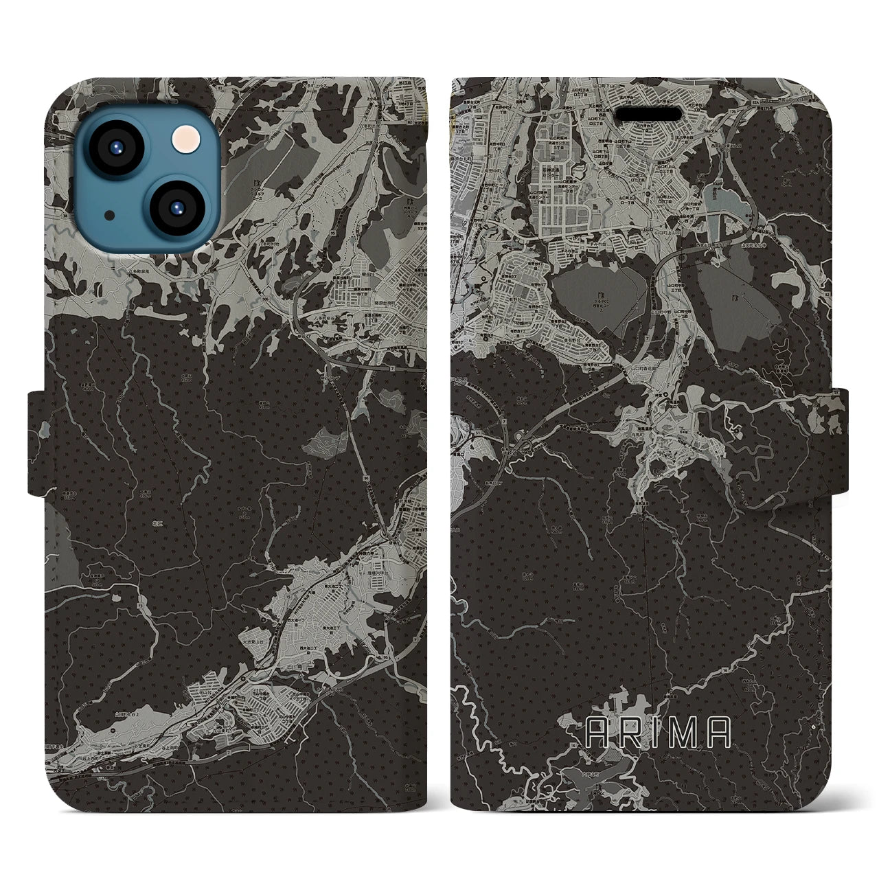 【有馬(兵庫県)】地図柄iPhoneケース(手帳タイプ)モノトーン・iPhone 13 用