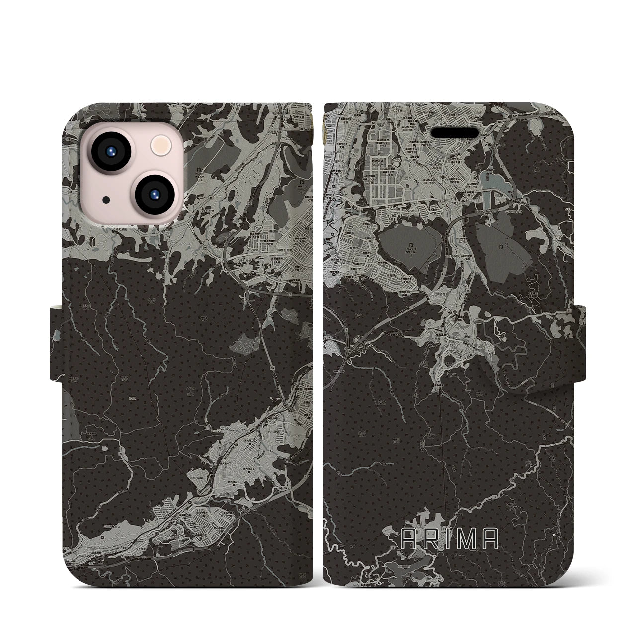 【有馬(兵庫県)】地図柄iPhoneケース(手帳タイプ)モノトーン・iPhone 13 mini 用